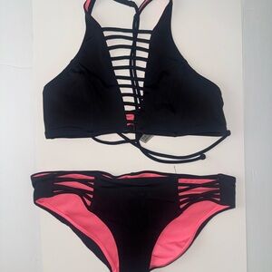 Victorias Secret Black and Pink Strappy Bikini Set